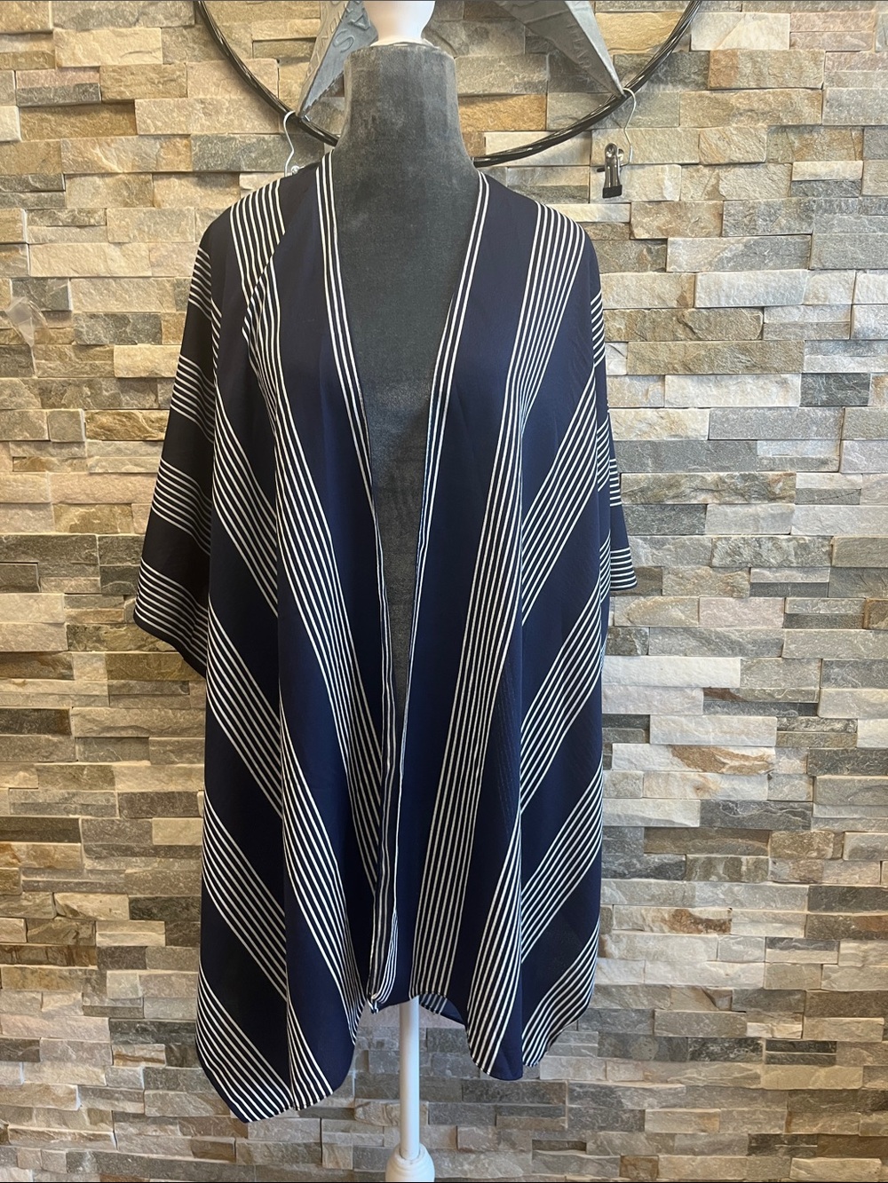 Navy and White Striped Open-Front Kimono